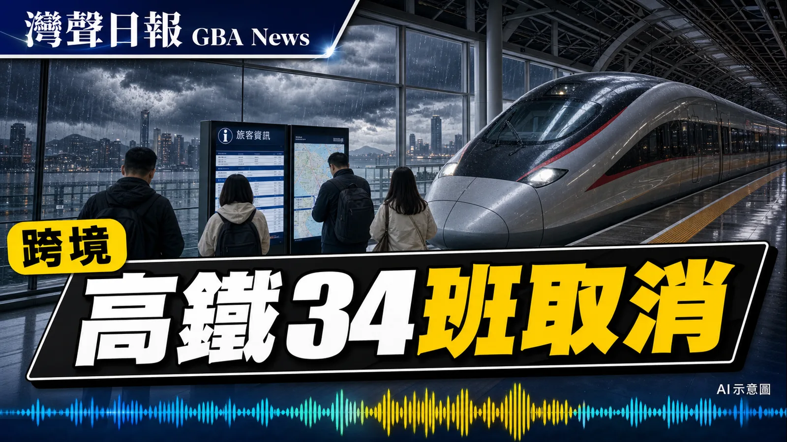 灣聲日報 GBA News｜惡劣天氣擾亂跨境高鐵 25日34班涉港車次取消 26日再擴大｜跨境新聞封面