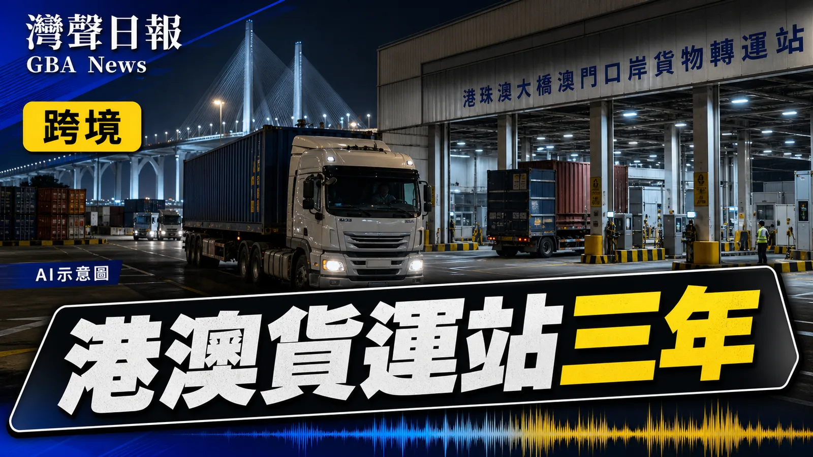 灣聲日報 GBA News｜港珠澳大橋澳門跨境貨物轉運站三周年　累計服務逾8萬車次｜跨境新聞封面