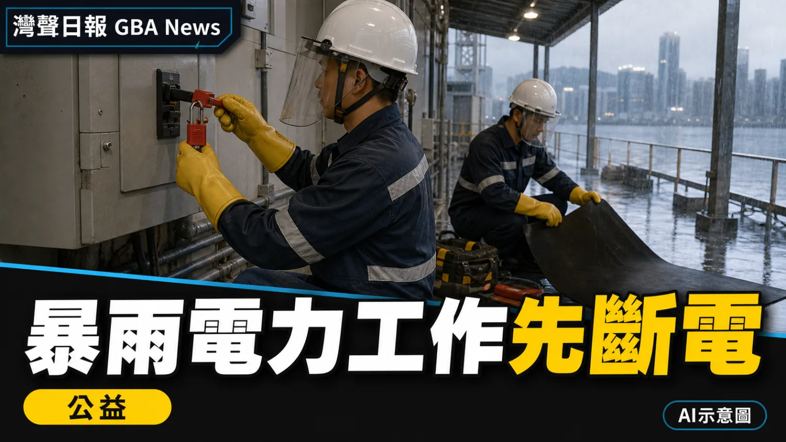 灣聲日報 GBA News｜暴雨下電力工作須先斷電上鎖　勞工處列五項安全措施｜公益新聞封面