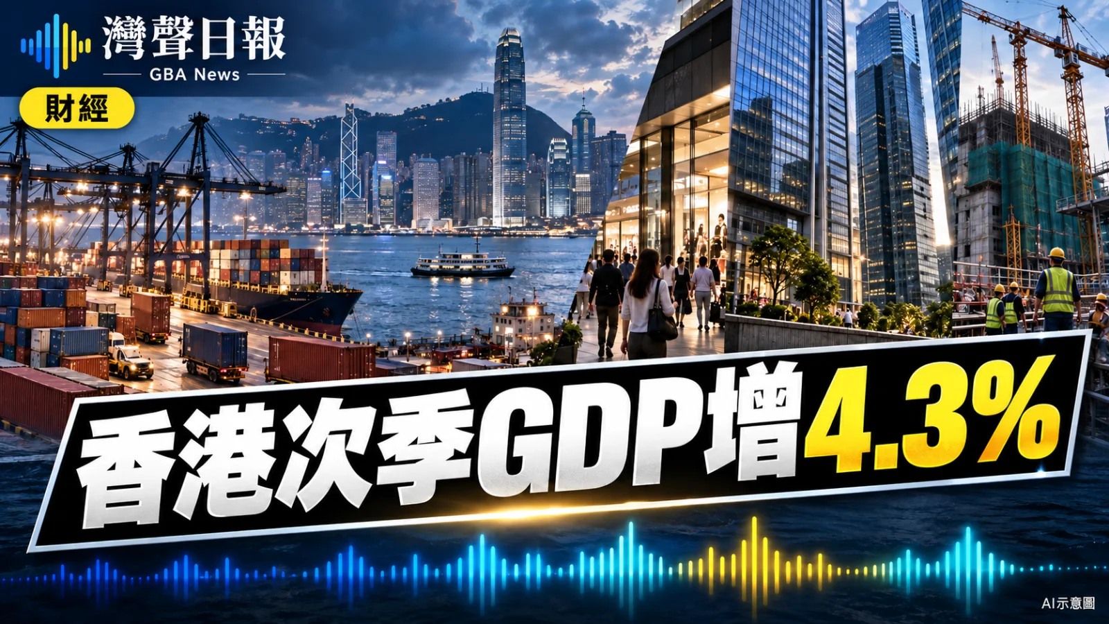 灣聲日報 GBA News｜香港次季GDP實質增4.3%　進出口零售增12.8%建造業跌17%｜財經新聞封面