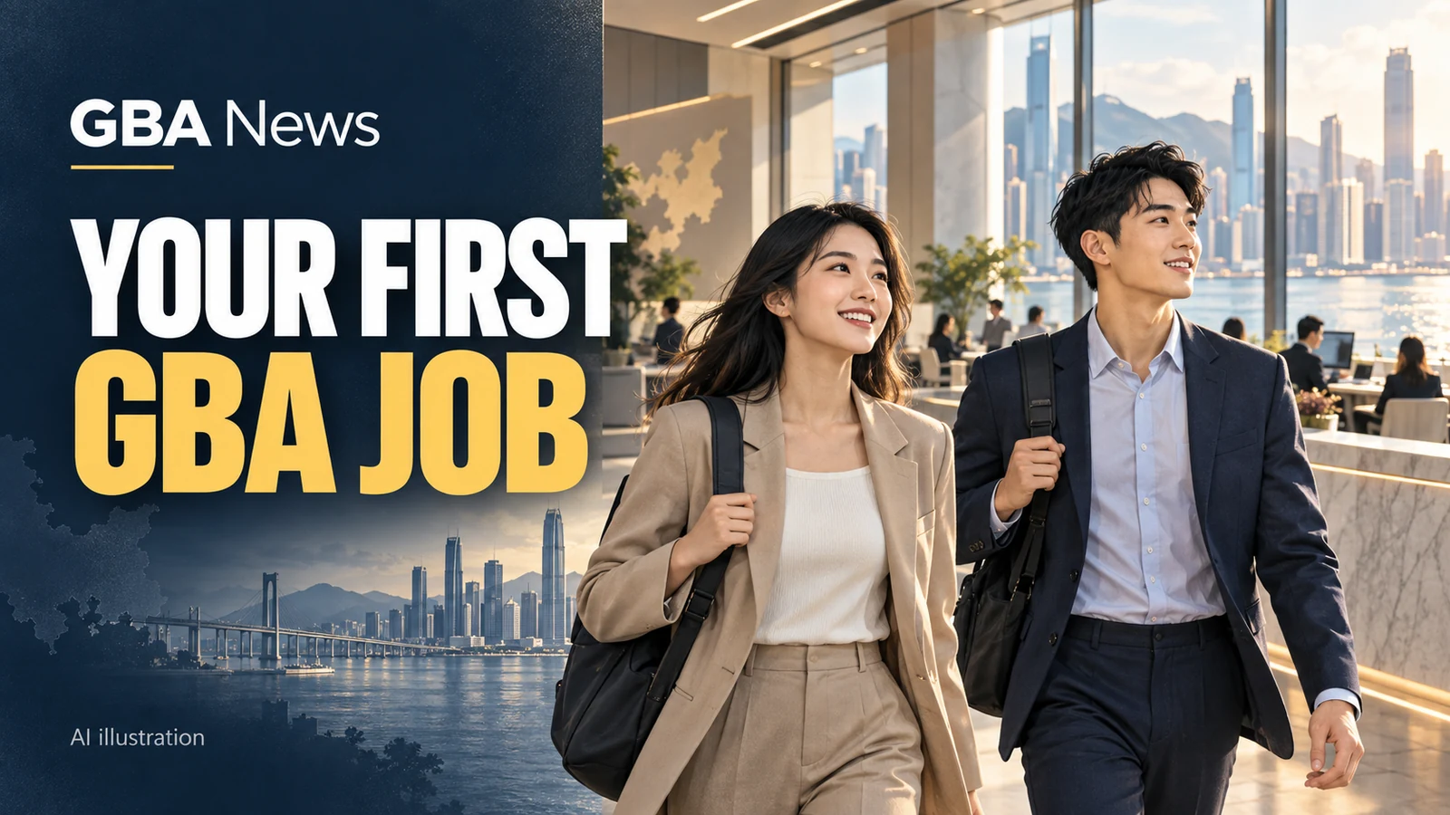 AI illustration of two young professionals entering a waterfront office district, with the headline Your First GBA Job.