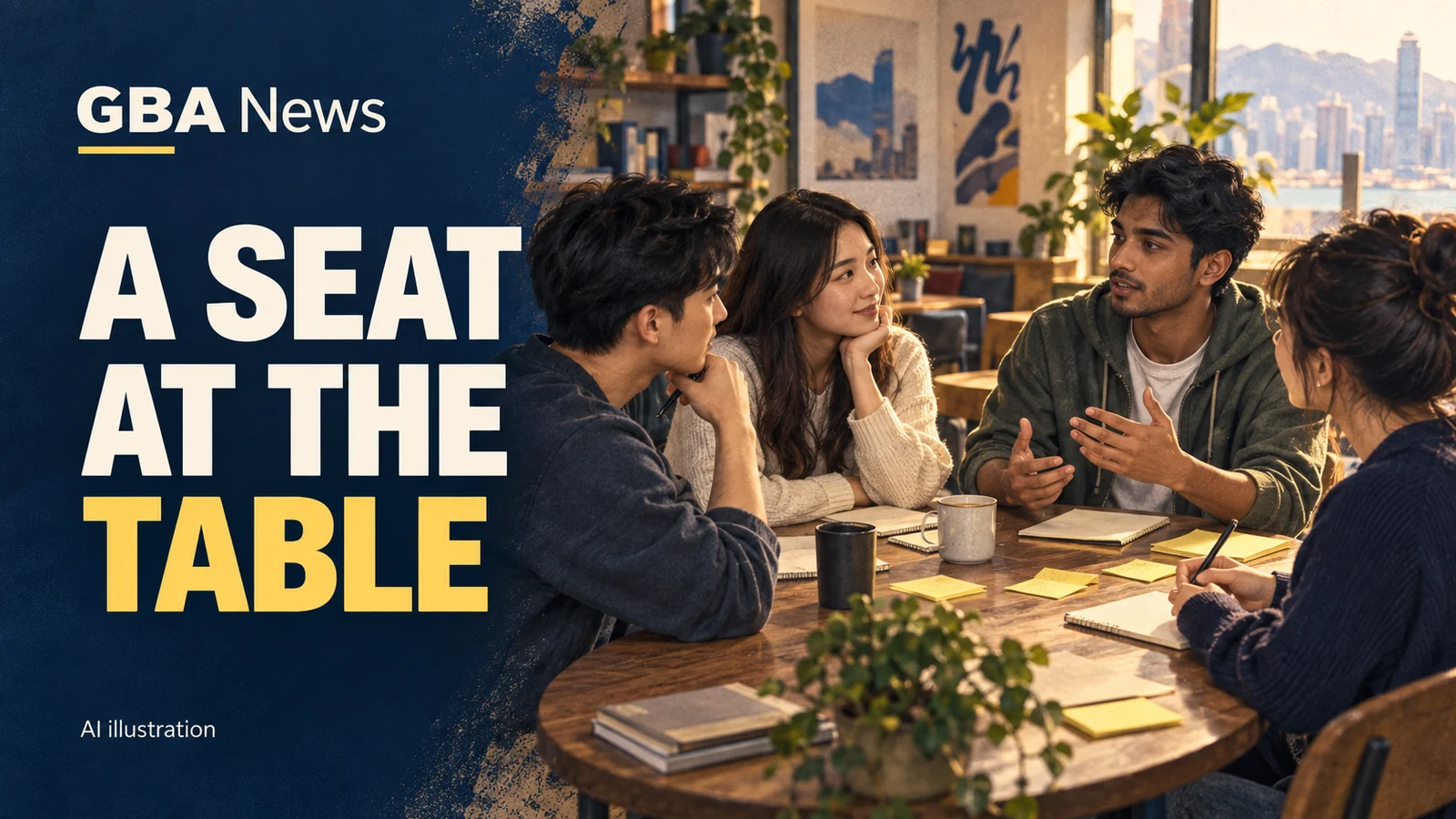 AI illustration of diverse young adults discussing ideas around a table, with the headline A Seat at the Table.