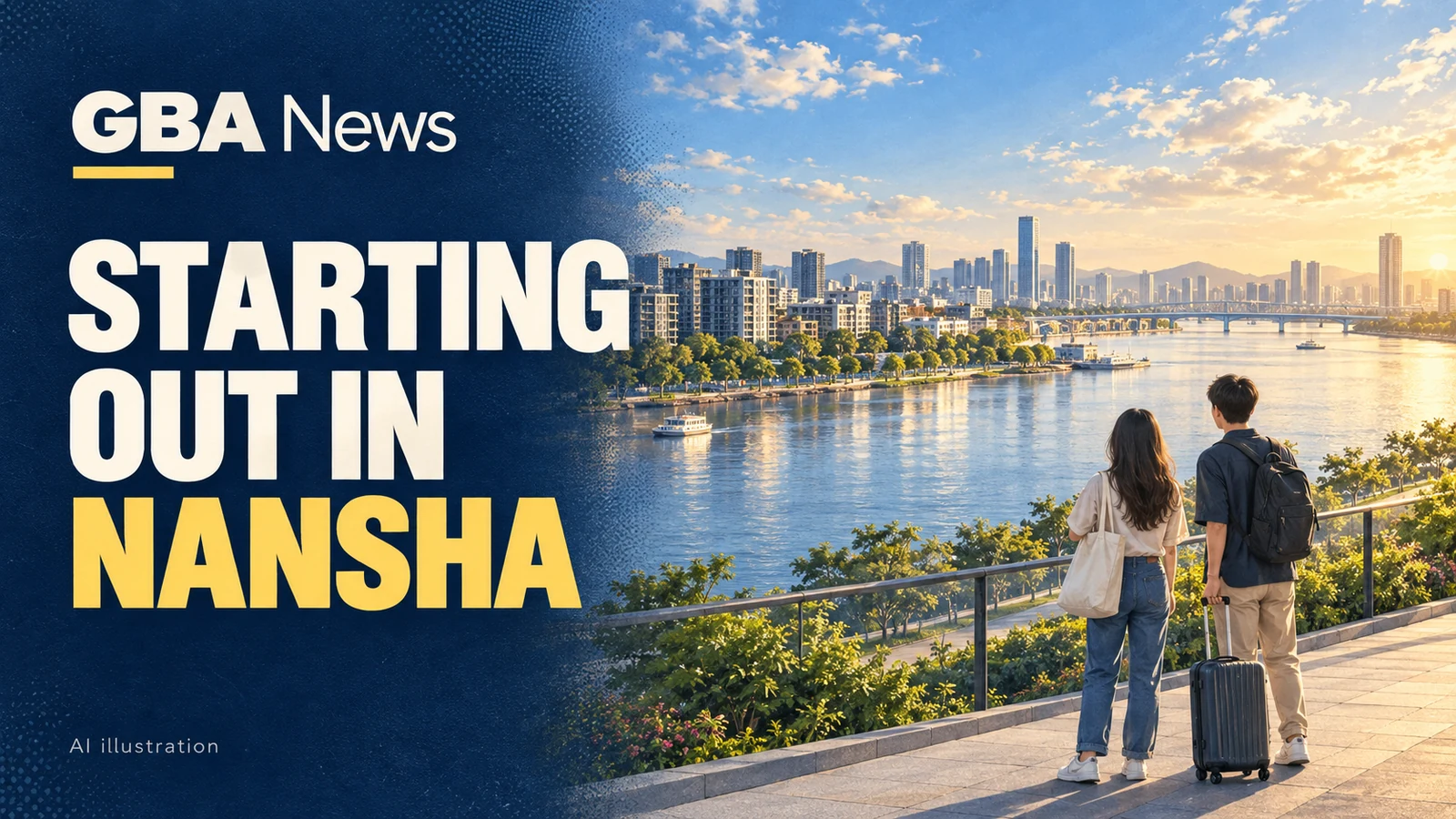 AI illustration of two young newcomers with luggage overlooking a modern waterfront city, with the headline Starting Out in Nansha.