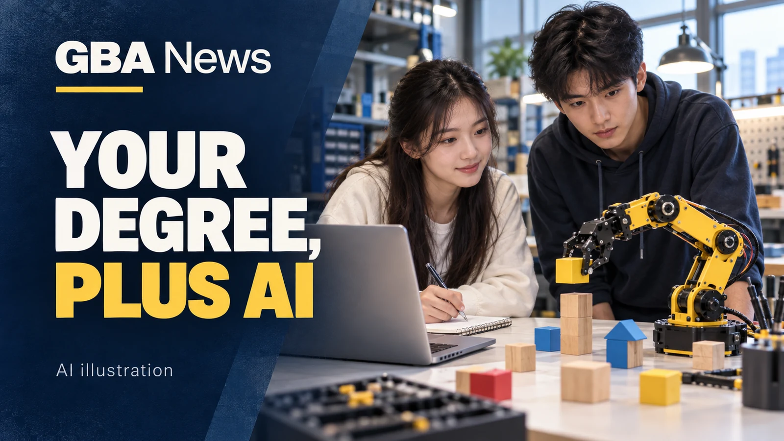 AI illustration of university students observing a tabletop robotic arm in a teaching lab, with the headline Your Degree, Plus AI.