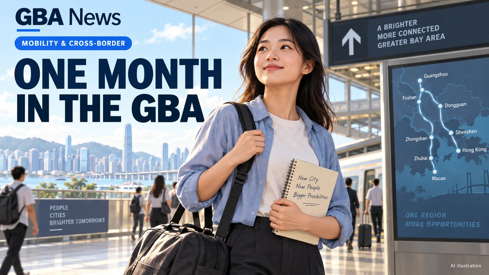 AI illustration of young people preparing for a Greater Bay Area work attachment, with the headline One Month in the GBA.