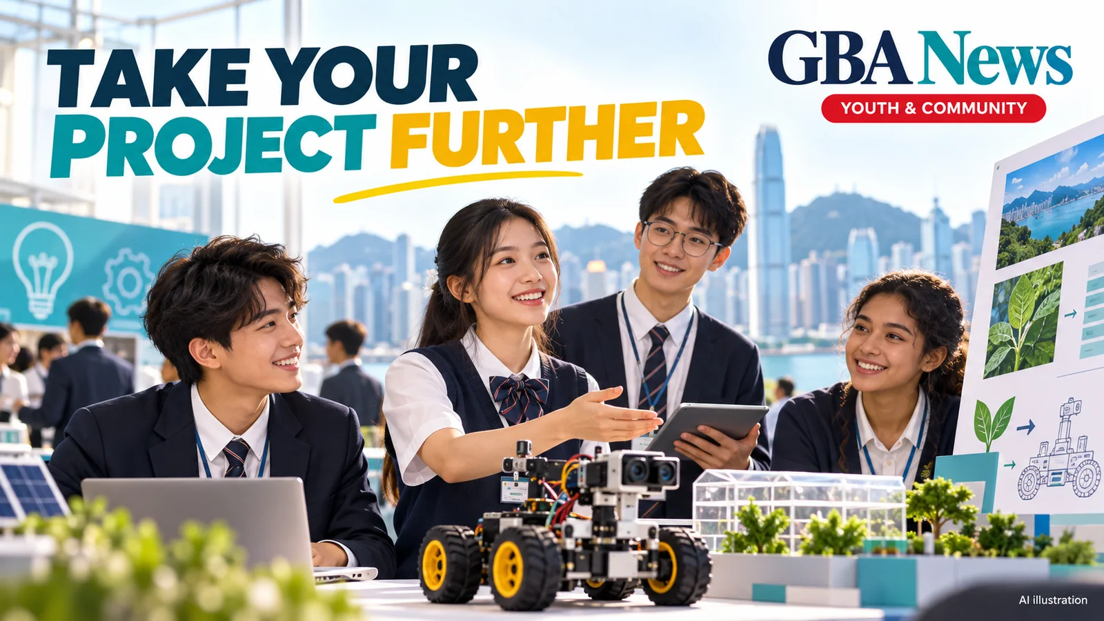 AI illustration of Hong Kong students presenting science and invention projects, with the headline Take Your Project Further.