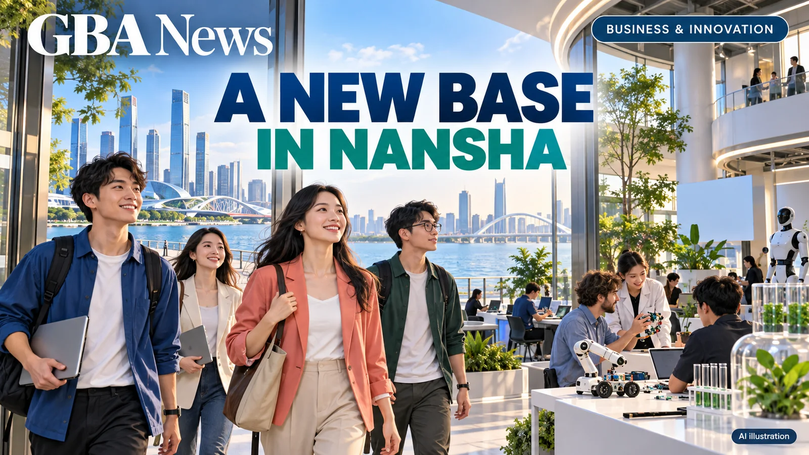 AI illustration of young founders entering a Nansha innovation hub, with the headline A New Base in Nansha.