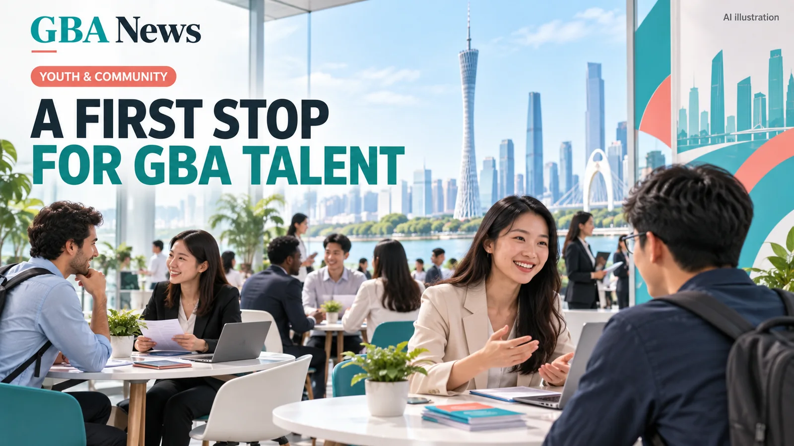 AI illustration of young professionals meeting at a Guangzhou talent community, with the headline A First Stop for GBA Talent.