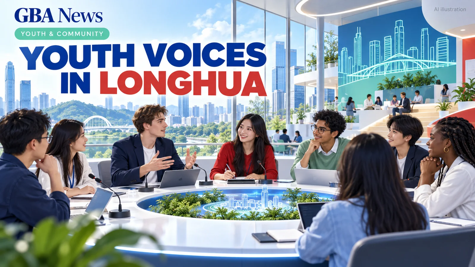 AI illustration of young representatives meeting in Shenzhen Longhua, with the headline Youth Voices in Longhua.