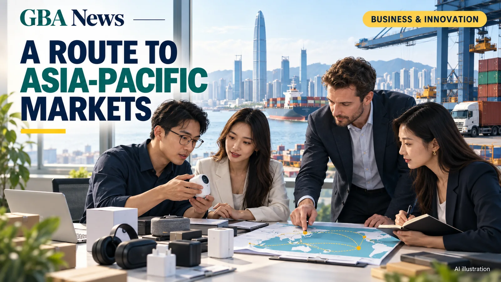 AI illustration of a Shenzhen small-business team reviewing Asia-Pacific export routes, with the headline A Route to Asia-Pacific Markets.