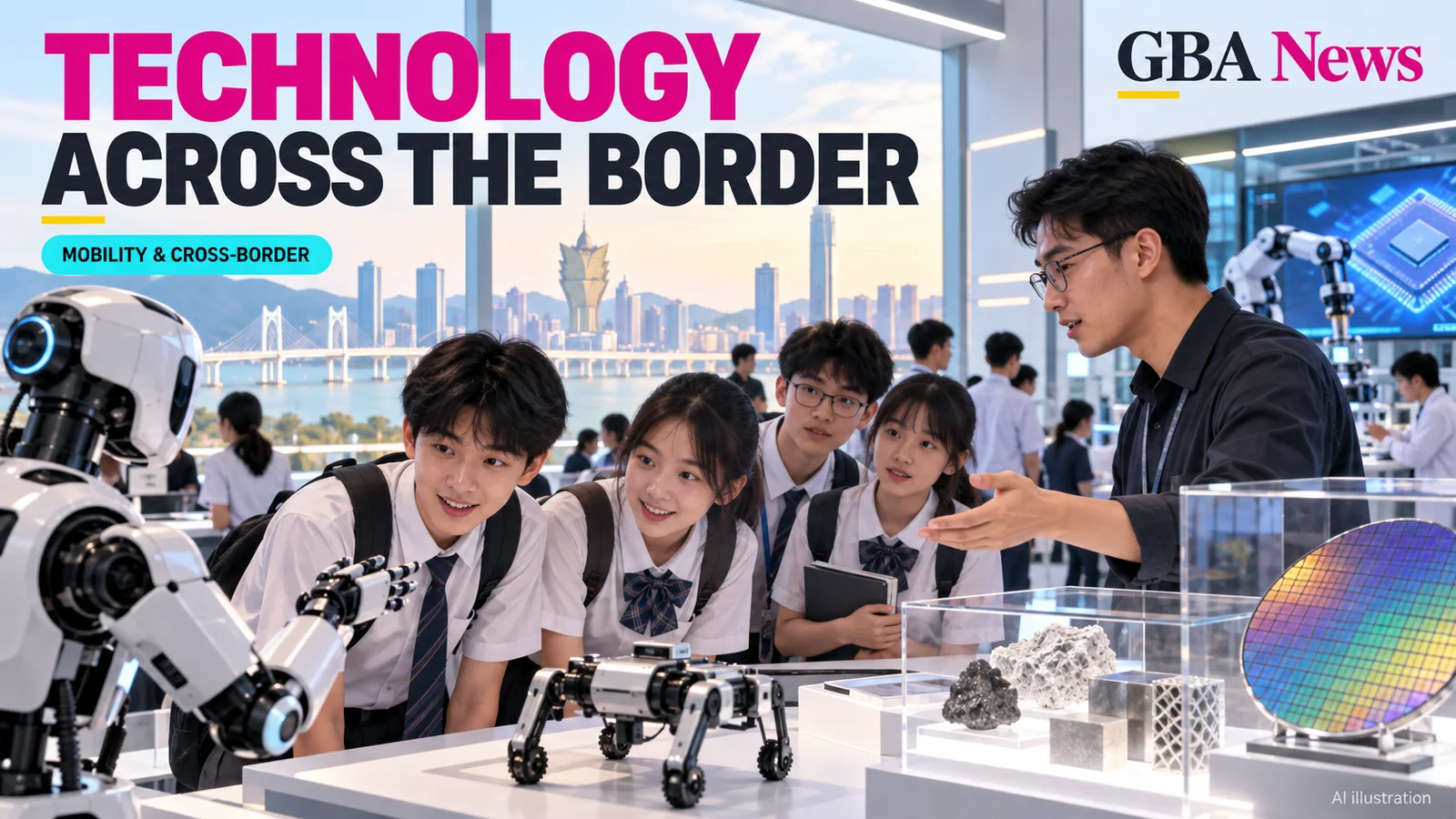 AI illustration of Macao secondary students visiting technology companies in Hengqin, with the headline Technology Across the Border.