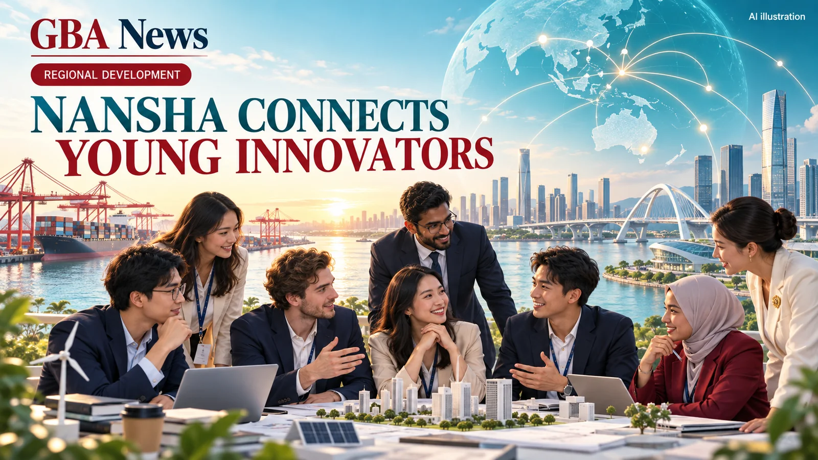 AI illustration of young founders from Asia-Pacific economies meeting in Nansha, Guangzhou, with the headline Nansha Connects Young Innovators.