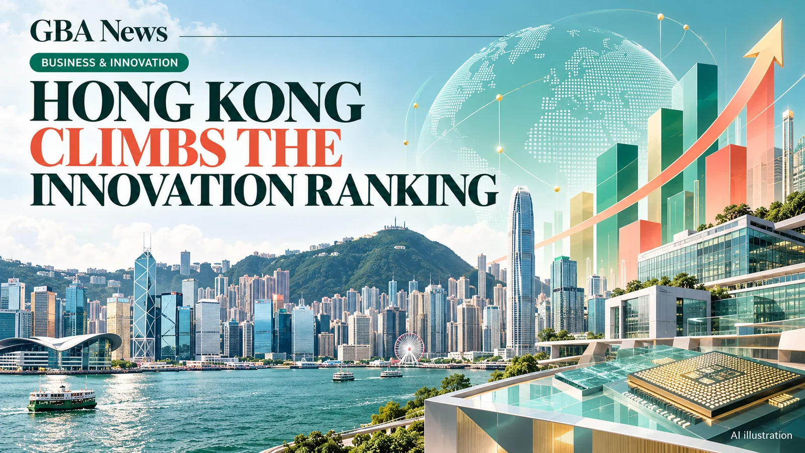 Editorial illustration of Hong Kong's skyline, innovation indicators and technology infrastructure.
