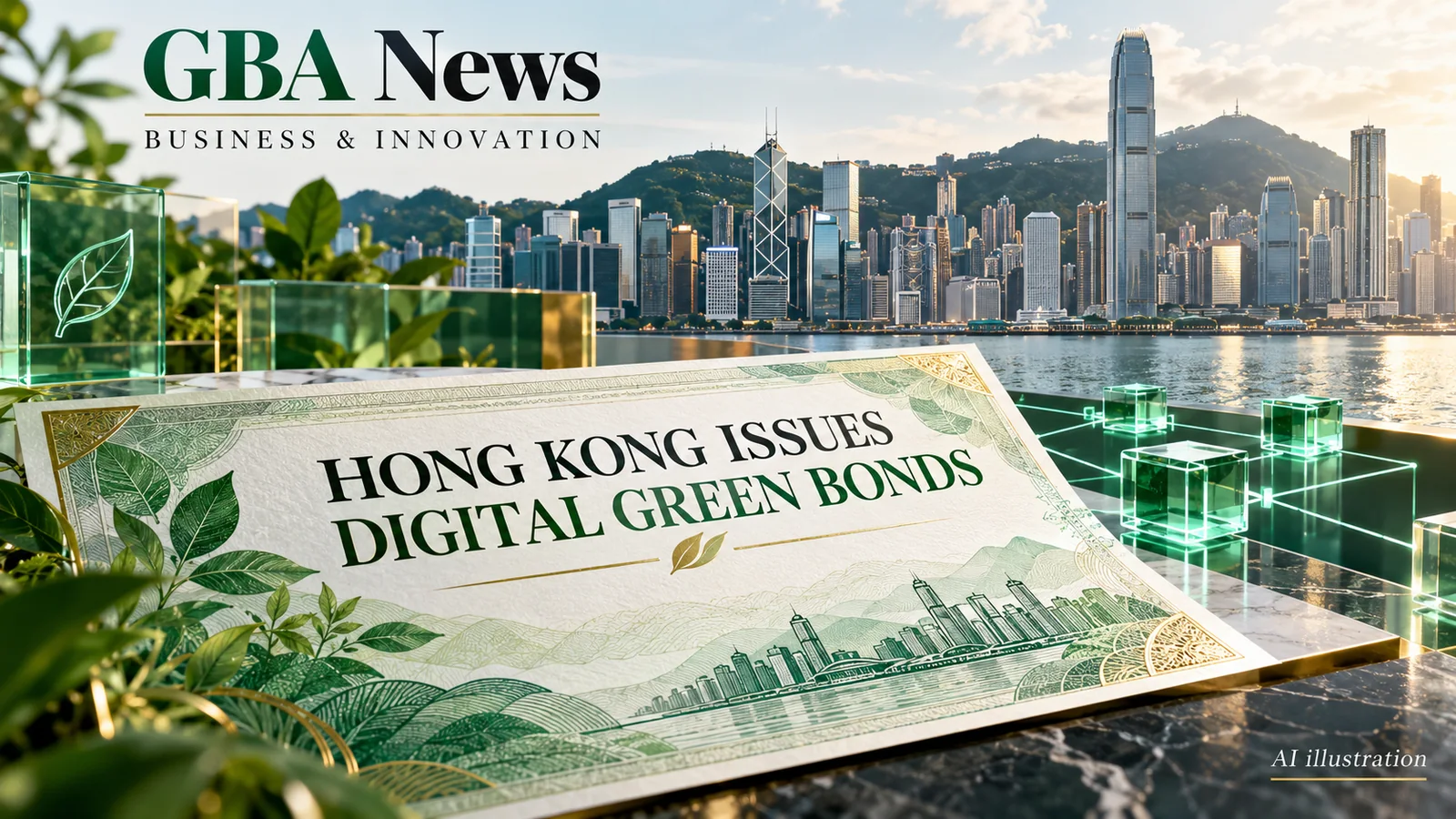 Editorial illustration of a green bond certificate, token network and Hong Kong financial skyline.