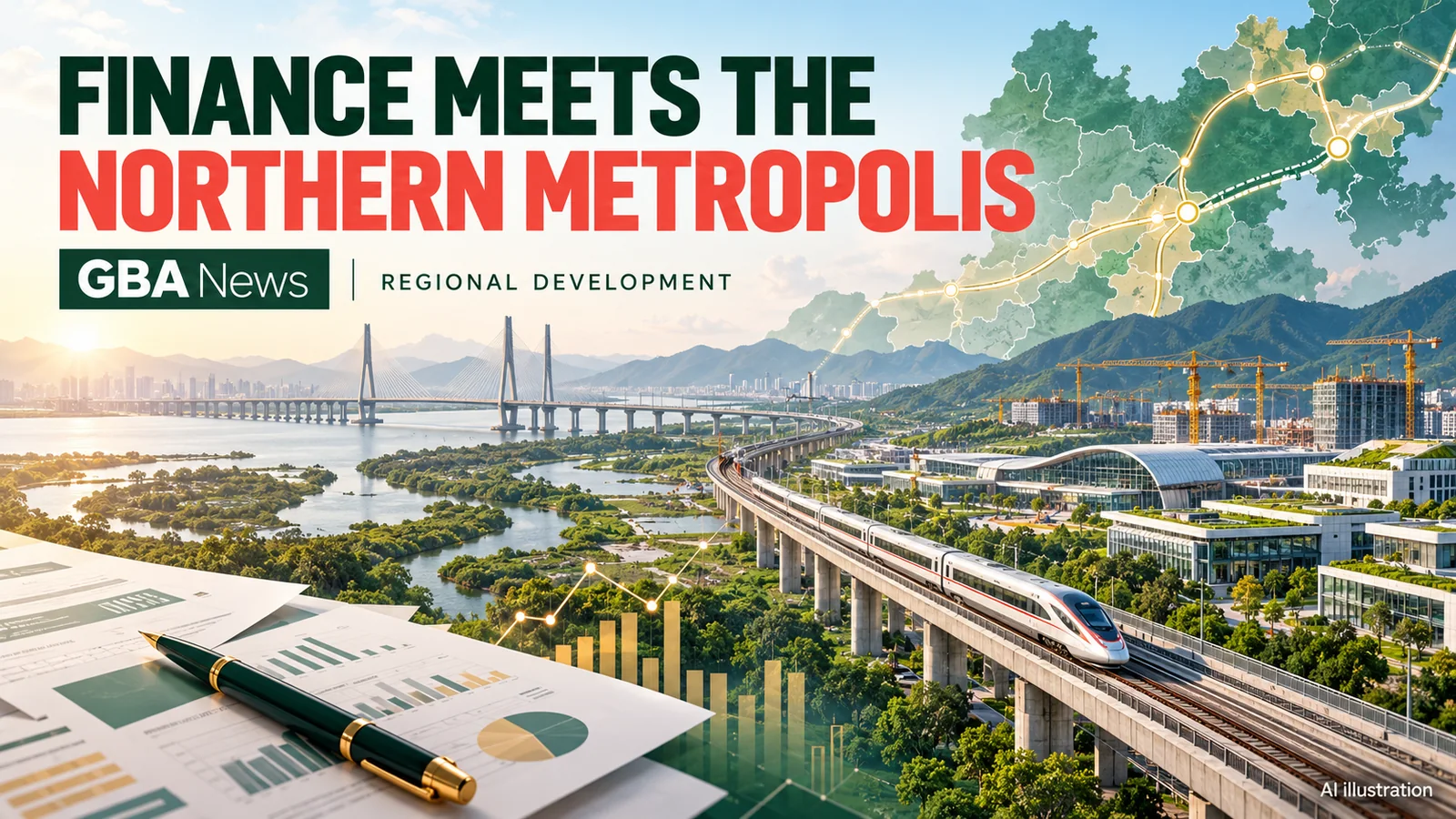 Editorial illustration of Northern Metropolis infrastructure, rail links and construction planning.