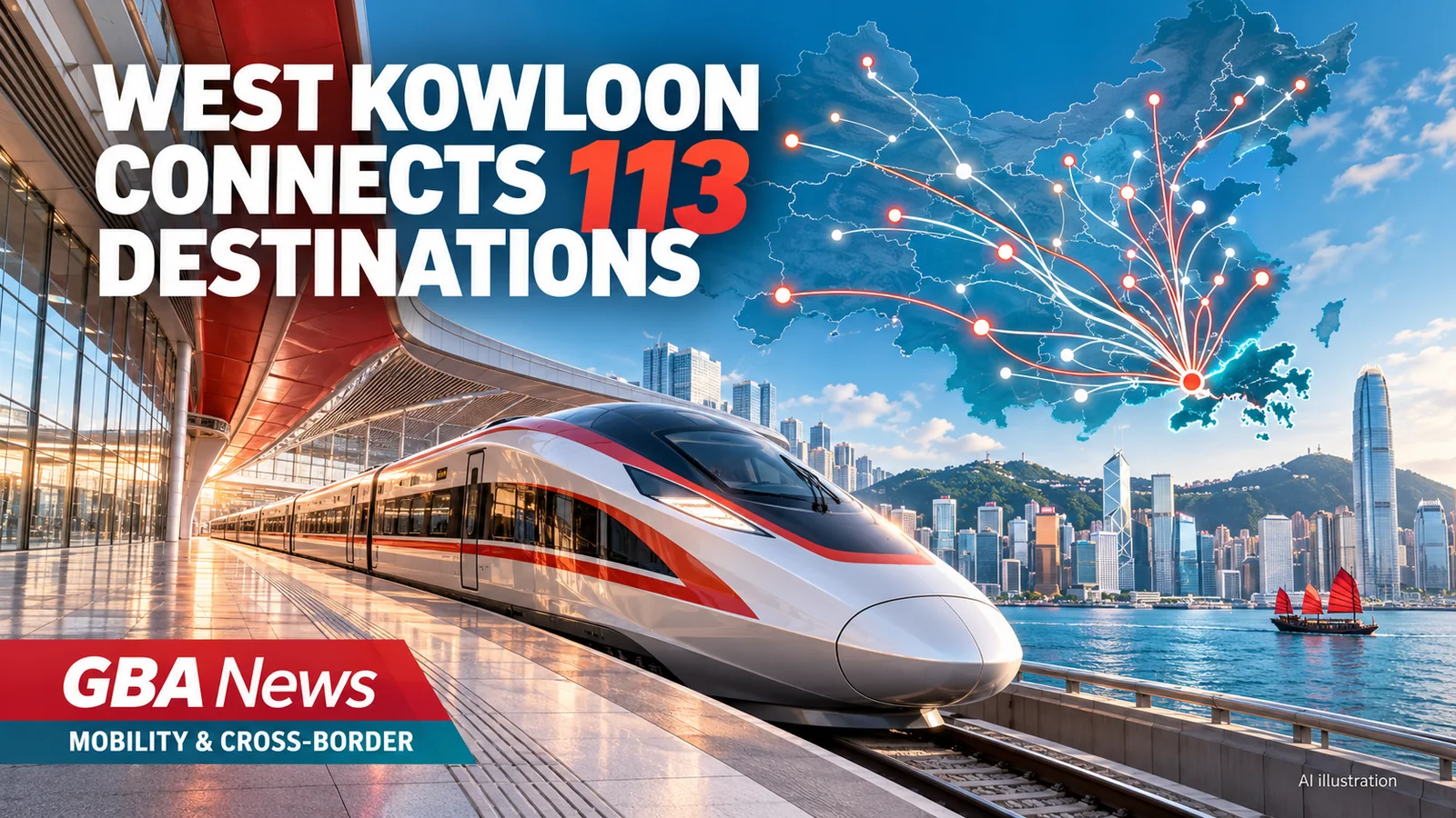 Editorial illustration of a high-speed train, West Kowloon station and a regional route map.