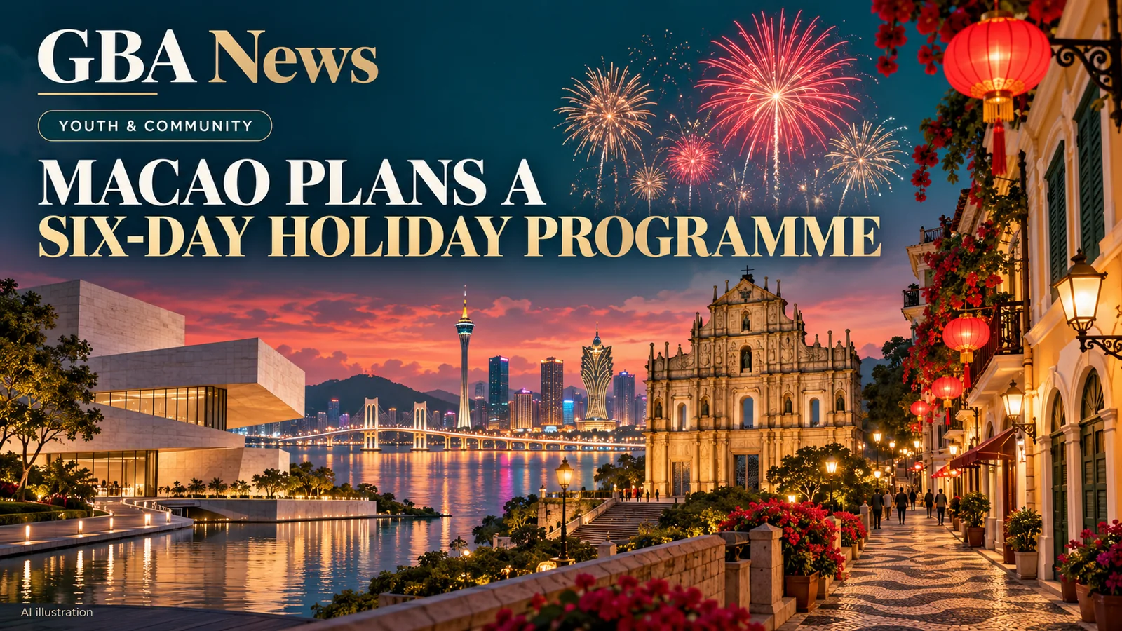 Editorial illustration of Macao fireworks, museum architecture and a pedestrian street celebration.