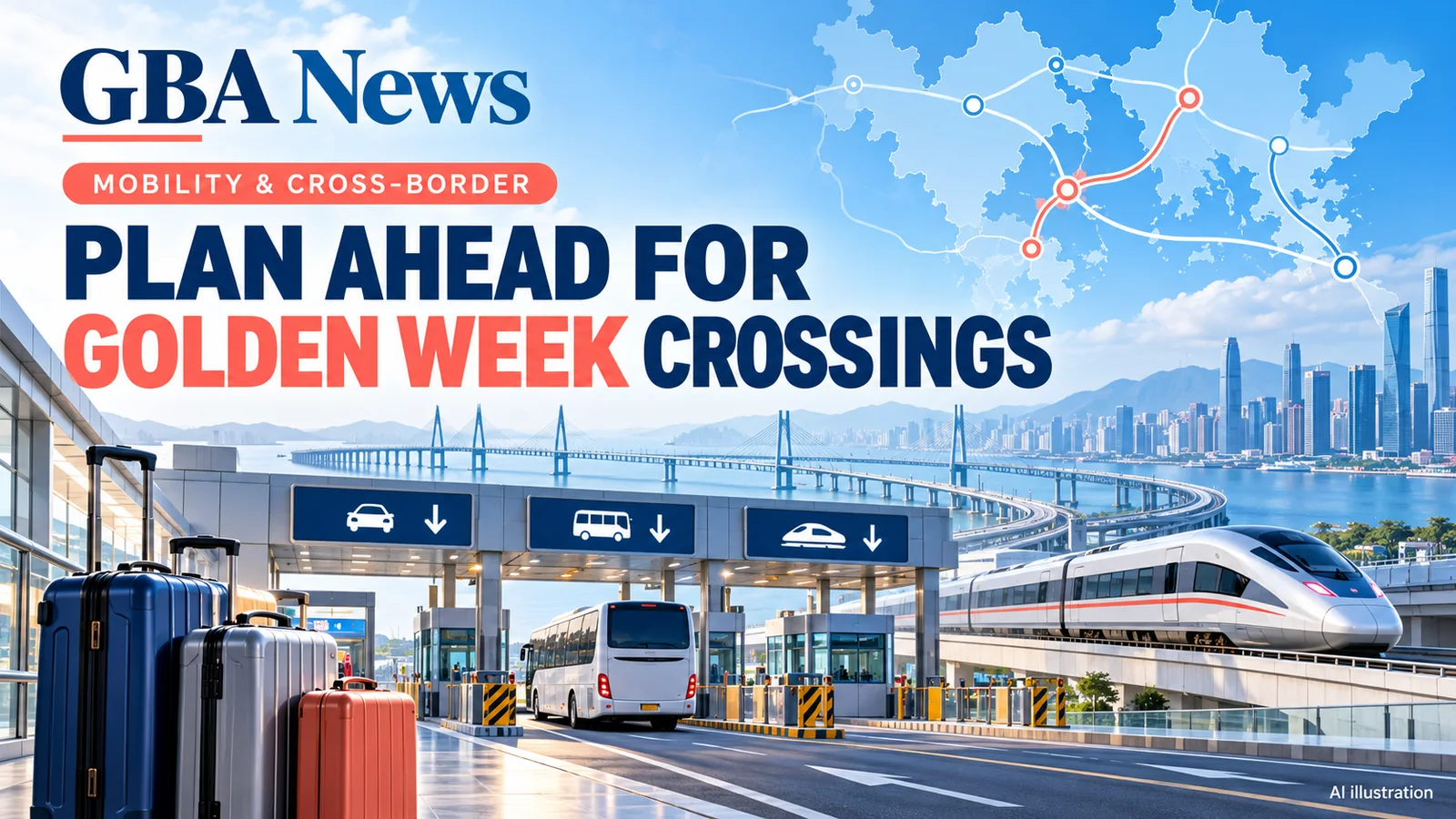 Editorial illustration of Hong Kong boundary signs, rail links and holiday travel flows.