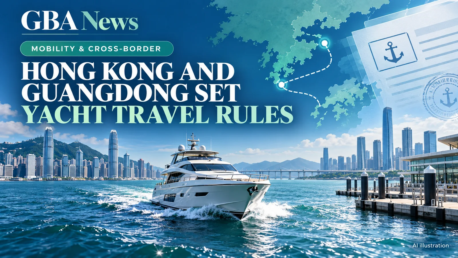 Editorial illustration of a yacht crossing between Hong Kong and Guangdong marinas.