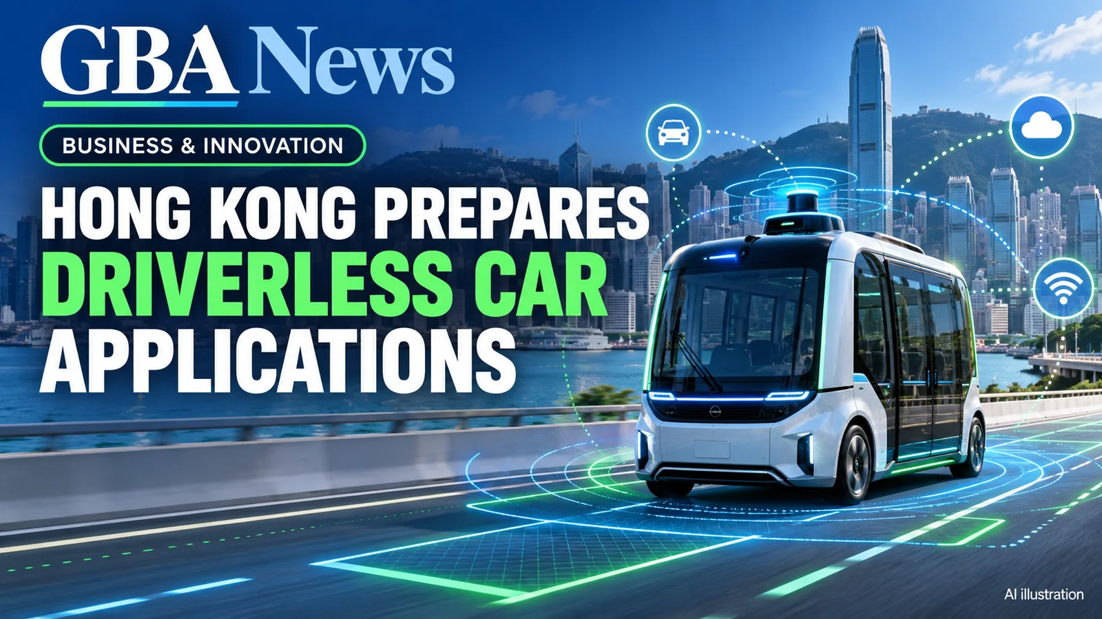 Editorial illustration of an autonomous shuttle, road sensors and Hong Kong urban infrastructure.