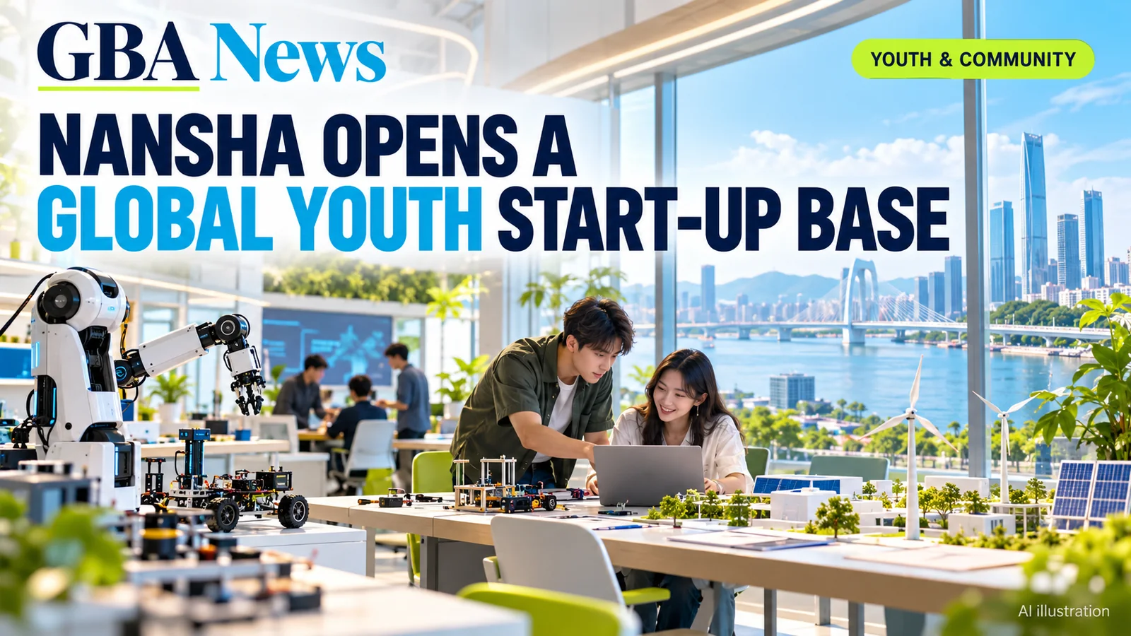Editorial illustration of a Nansha startup laboratory, hardware prototypes and young founders collaborating.