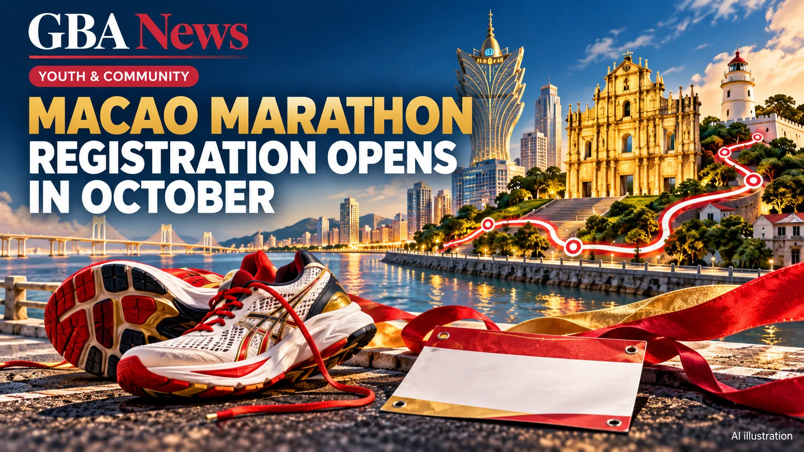 Editorial illustration of running shoes, a race bib and a Macao marathon route through city landmarks.