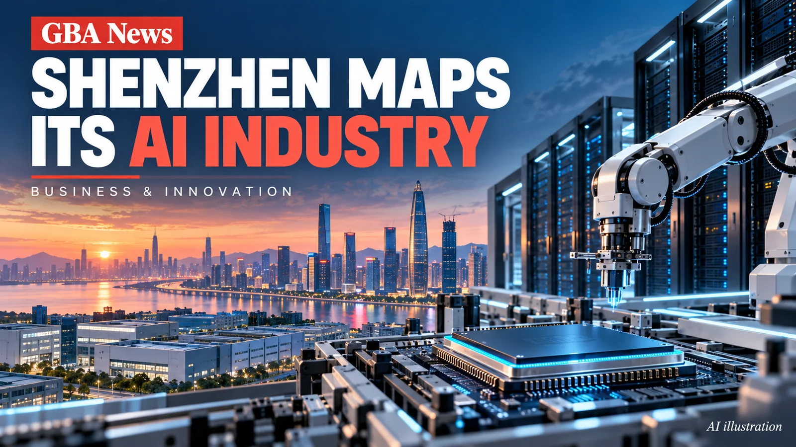 Editorial illustration of an AI processor, robotic arm, compute racks and Shenzhen industrial infrastructure.