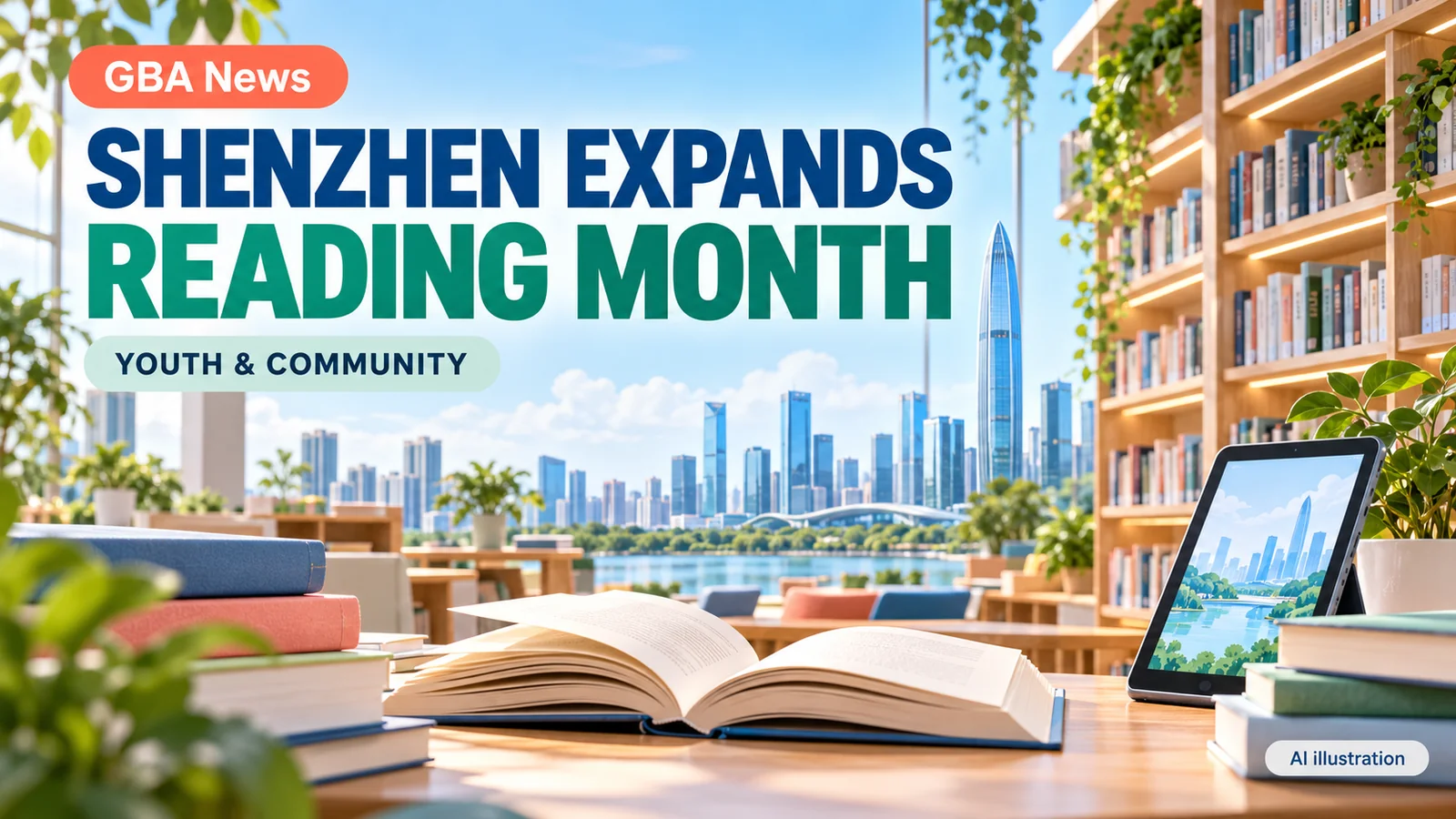 Editorial illustration of open books, library shelves and a digital reading screen in Shenzhen.