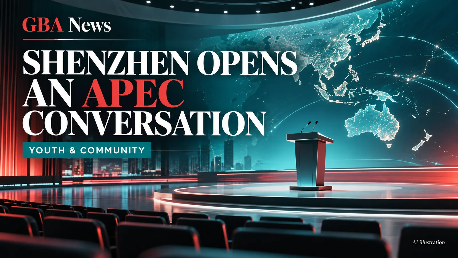 Editorial illustration of an APEC dialogue stage, microphones and a map of the Asia-Pacific region.