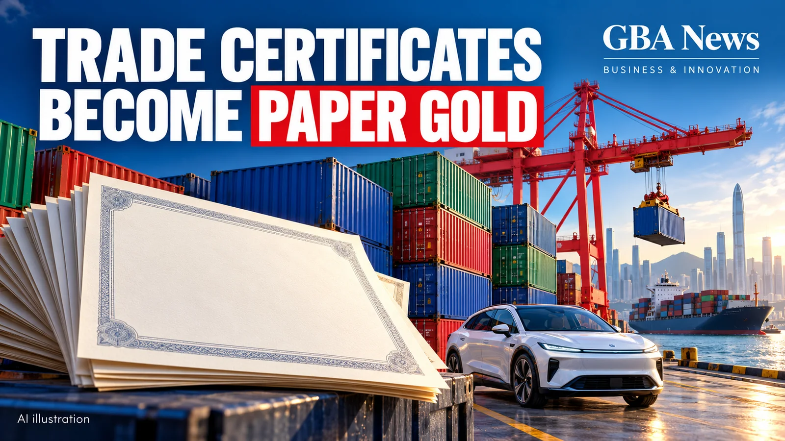 Editorial illustration of a certificate of origin, container port, electric vehicle and Asia-Pacific trade route.