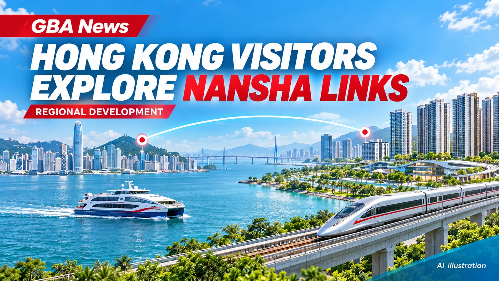 Editorial illustration of Nansha housing, ferry and rail connections viewed from Hong Kong.