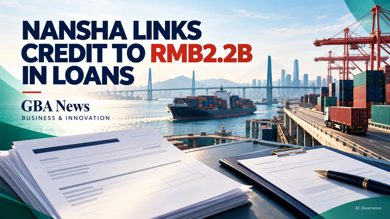 Editorial illustration of logistics invoices, a credit score document, shipping containers and Nansha port.