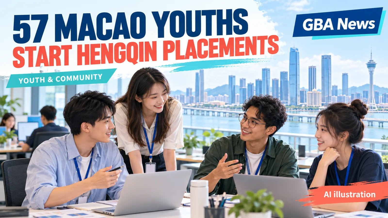 Editorial illustration of an internship badge, workspace desk, Hengqin skyline and Macao-Hengqin connection.