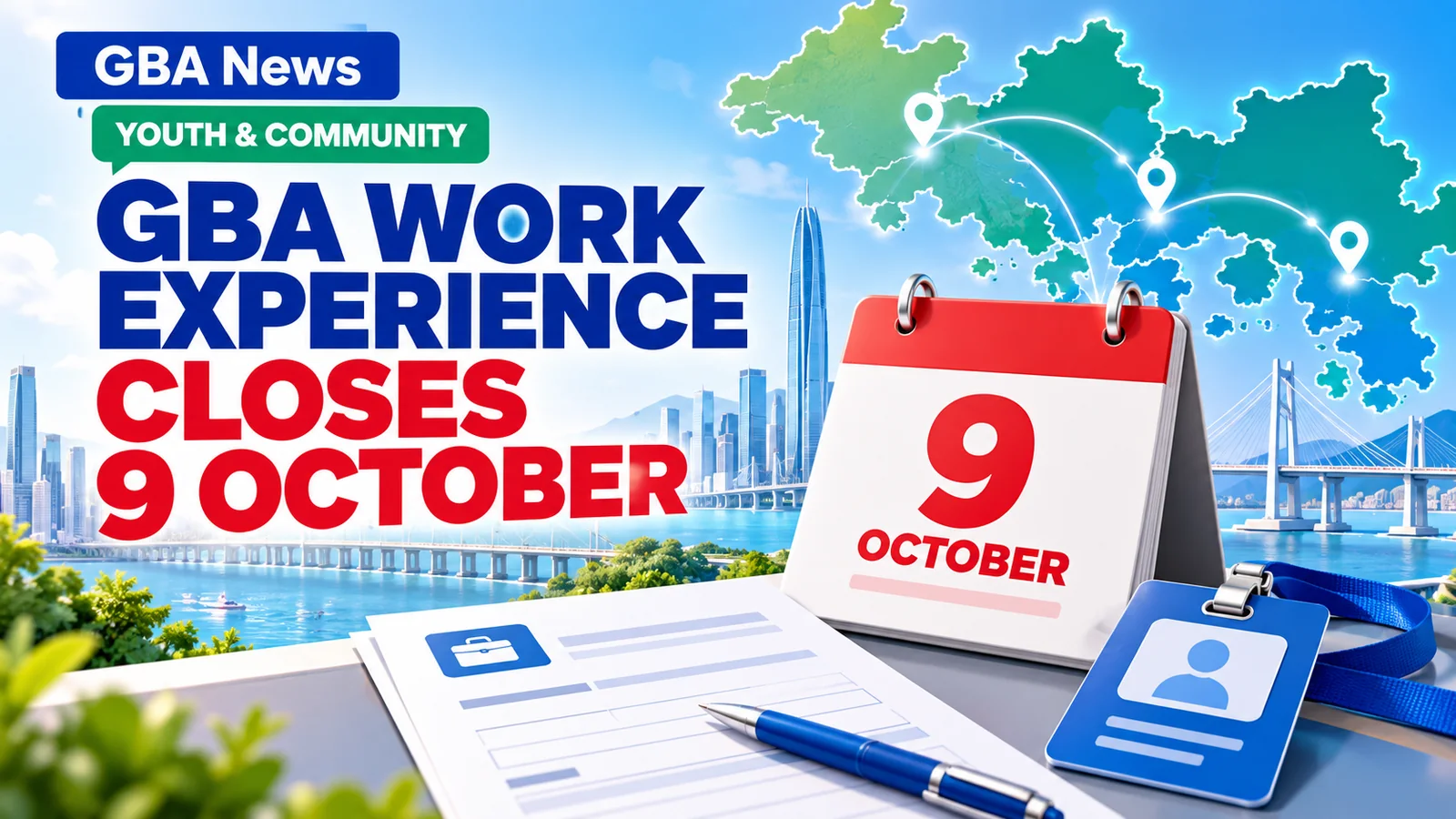 Editorial illustration of a calendar marked 9 October, application form, work badge and Greater Bay Area map.