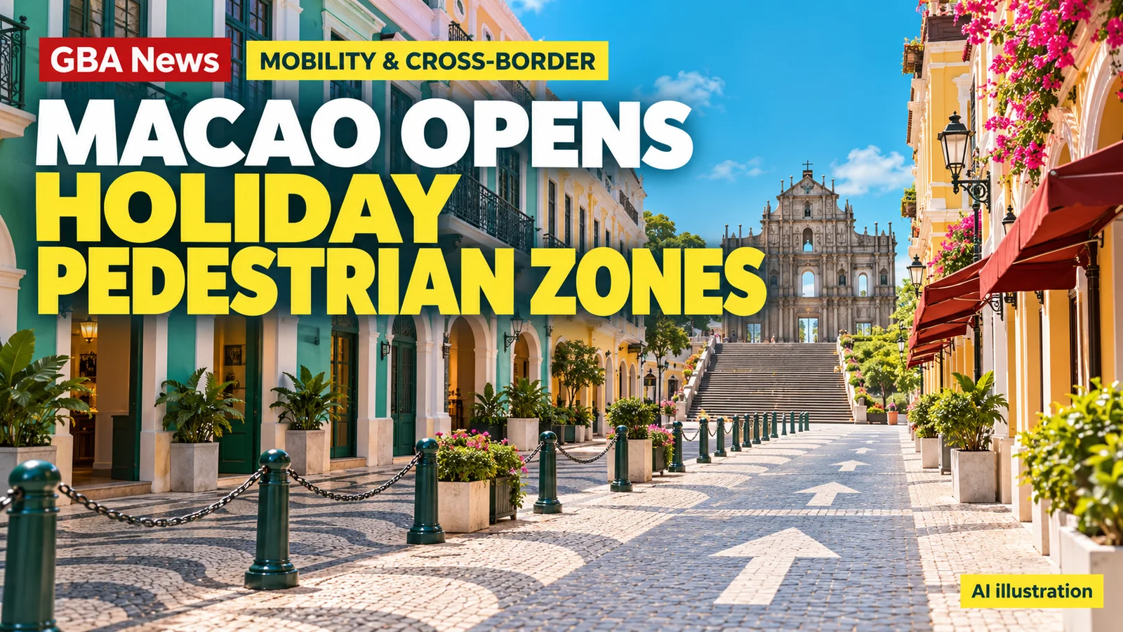 Editorial illustration of Macao street signs, paving, shopfronts and a temporary pedestrian-zone barrier.