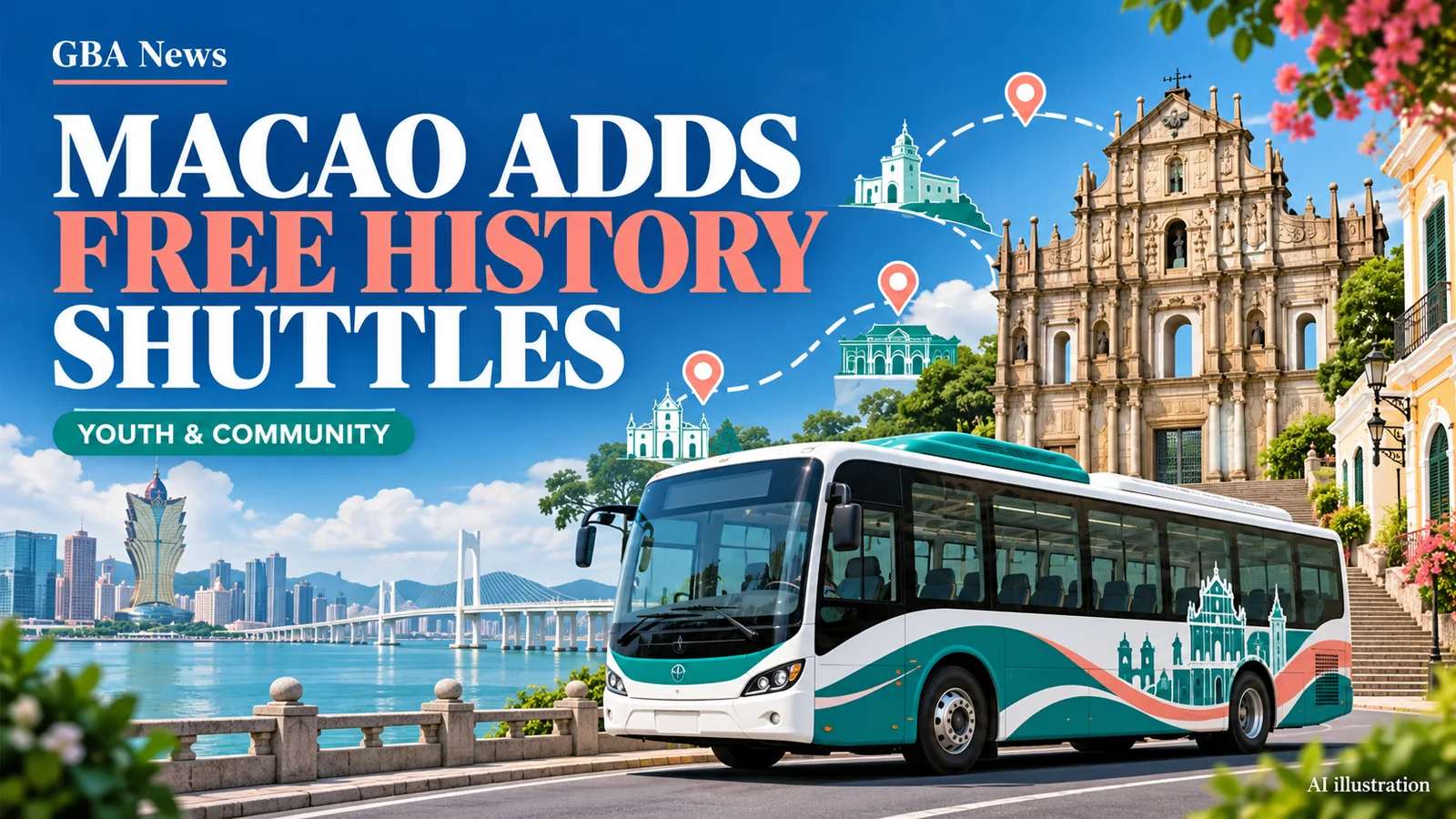 Editorial illustration of a heritage shuttle, map, historic Macao streets and museum ticket objects.