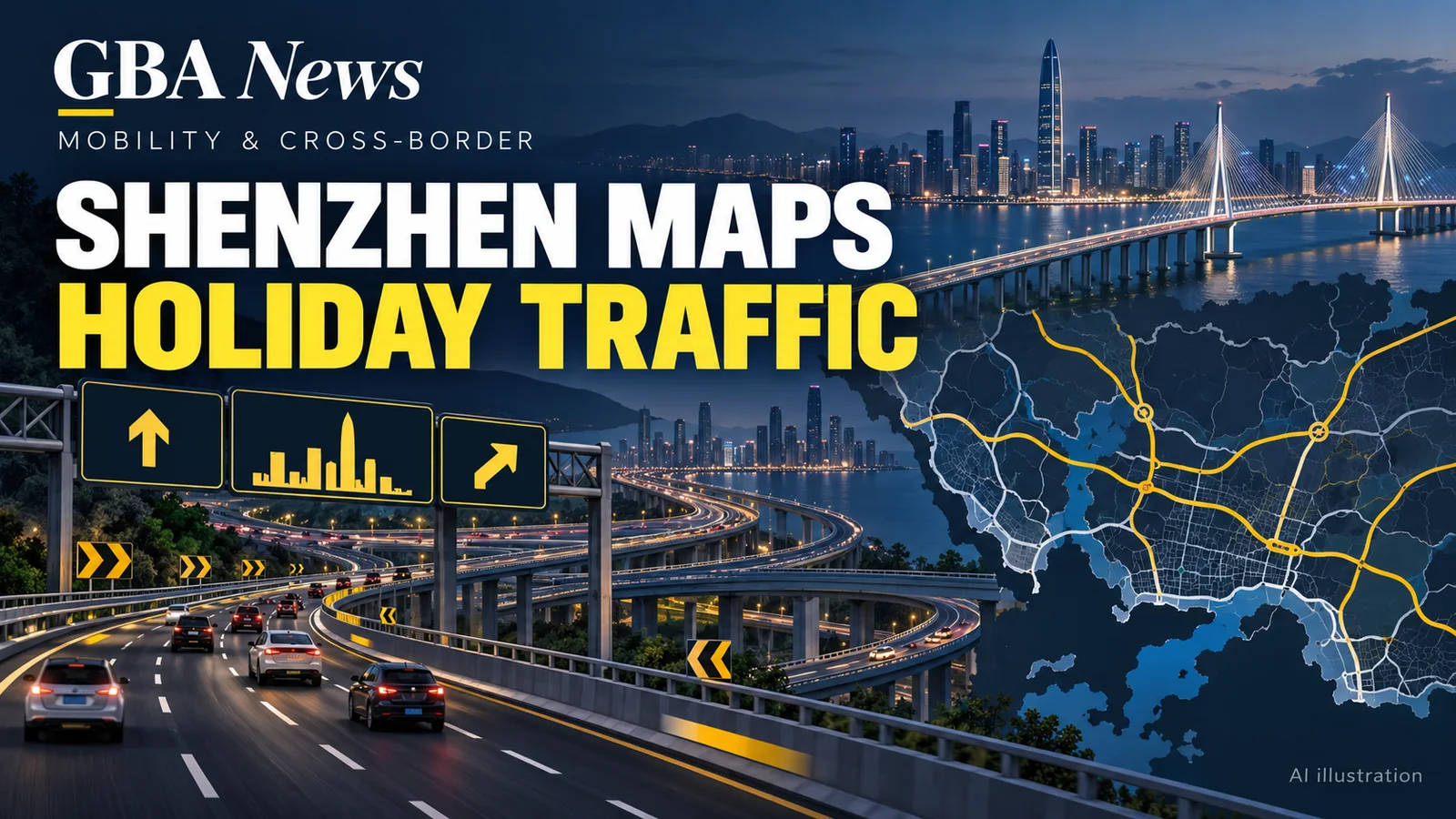 Editorial illustration of motorway signs, a bridge span and a route map for Shenzhen holiday traffic.