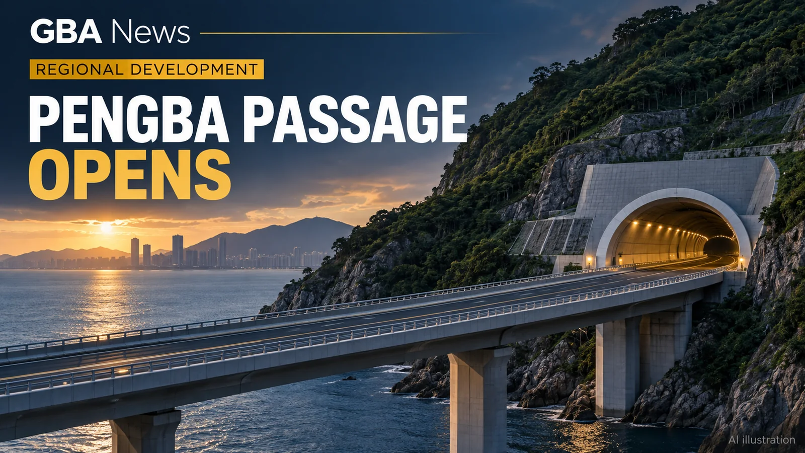 Editorial illustration of a coastal tunnel portal, bridge and mountain road in eastern Shenzhen.
