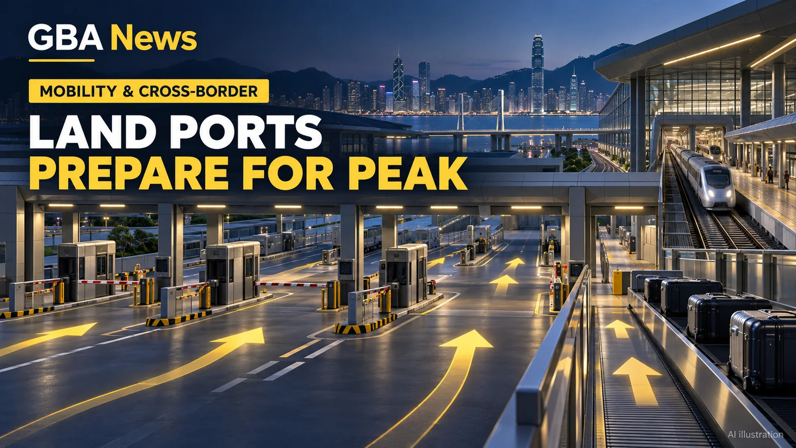 Editorial illustration of border gates, rail symbols and a passenger-flow board at a Shenzhen-Hong Kong land port.