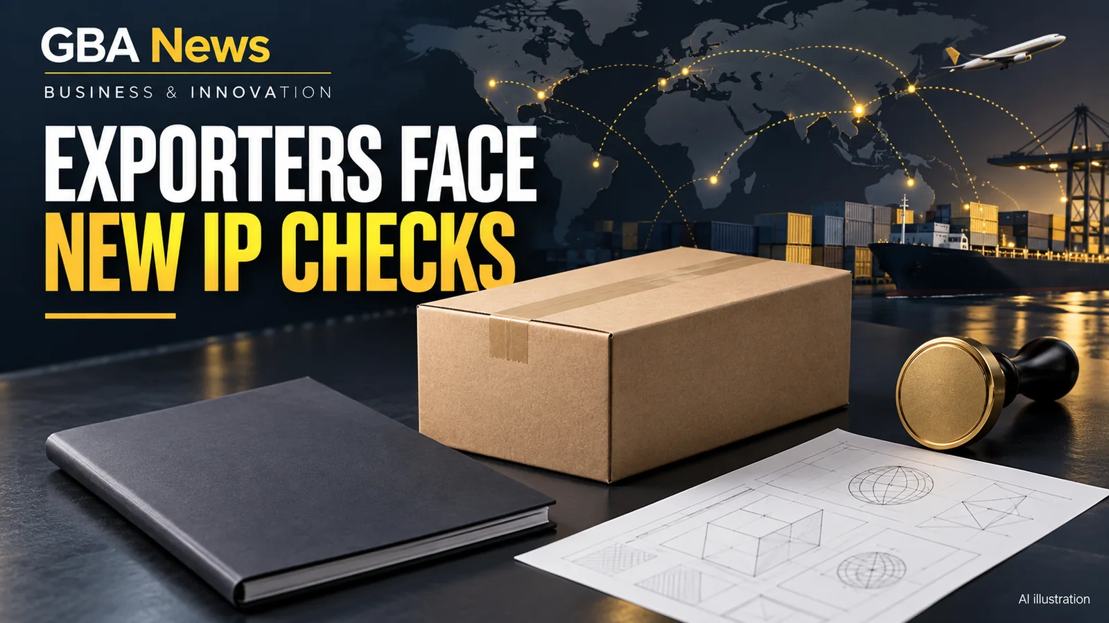 Editorial illustration of an export parcel, trademark document, product passport and e-commerce screen.