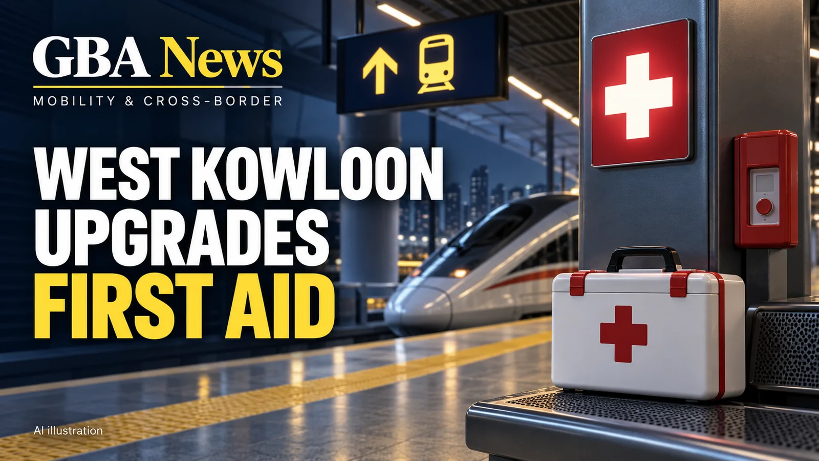 Editorial illustration of a first-aid symbol, high-speed train and West Kowloon station wayfinding.