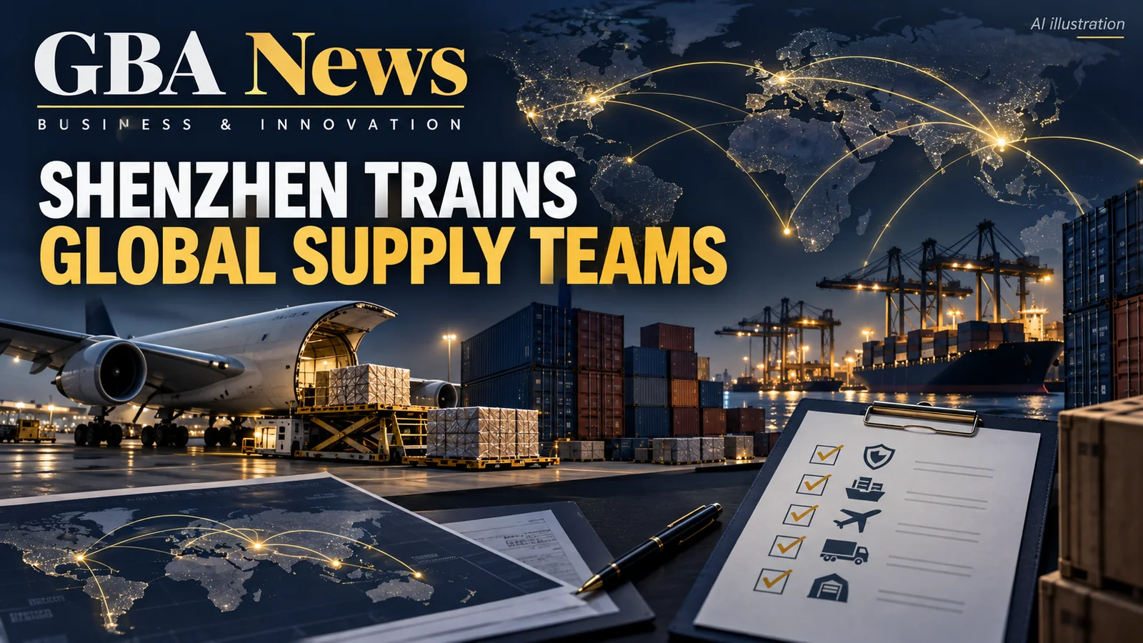 Editorial illustration of cargo aircraft, delivery containers and a cross-border supply-chain route board.