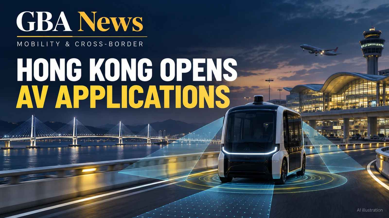 Editorial illustration of an autonomous shuttle, airport wayfinding and the Hong Kong-Zhuhai-Macao Bridge port.