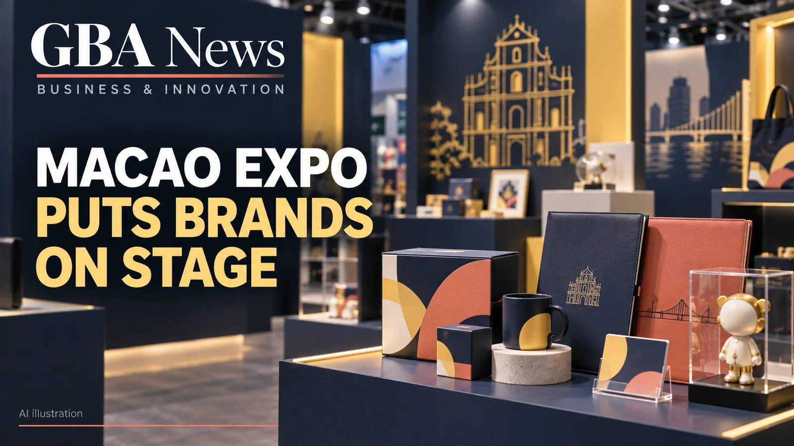 Editorial illustration of branded retail objects, licensing documents and a Macao trade-expo floor.