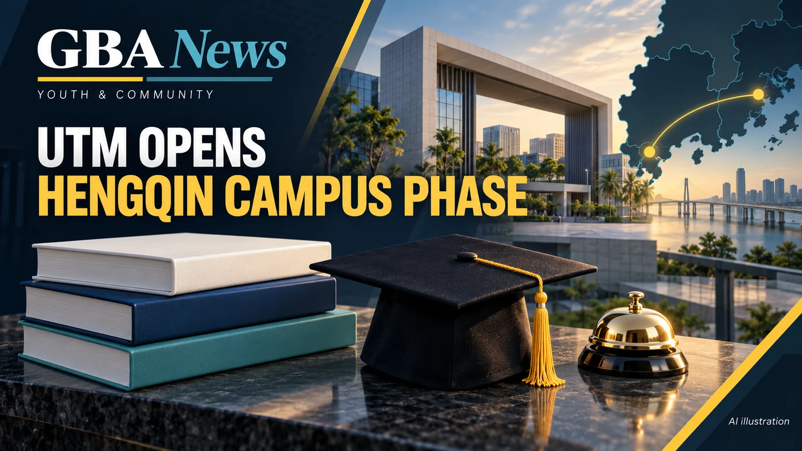 Editorial illustration of a modern campus gateway, hospitality textbook and Macao-Hengqin transport link.