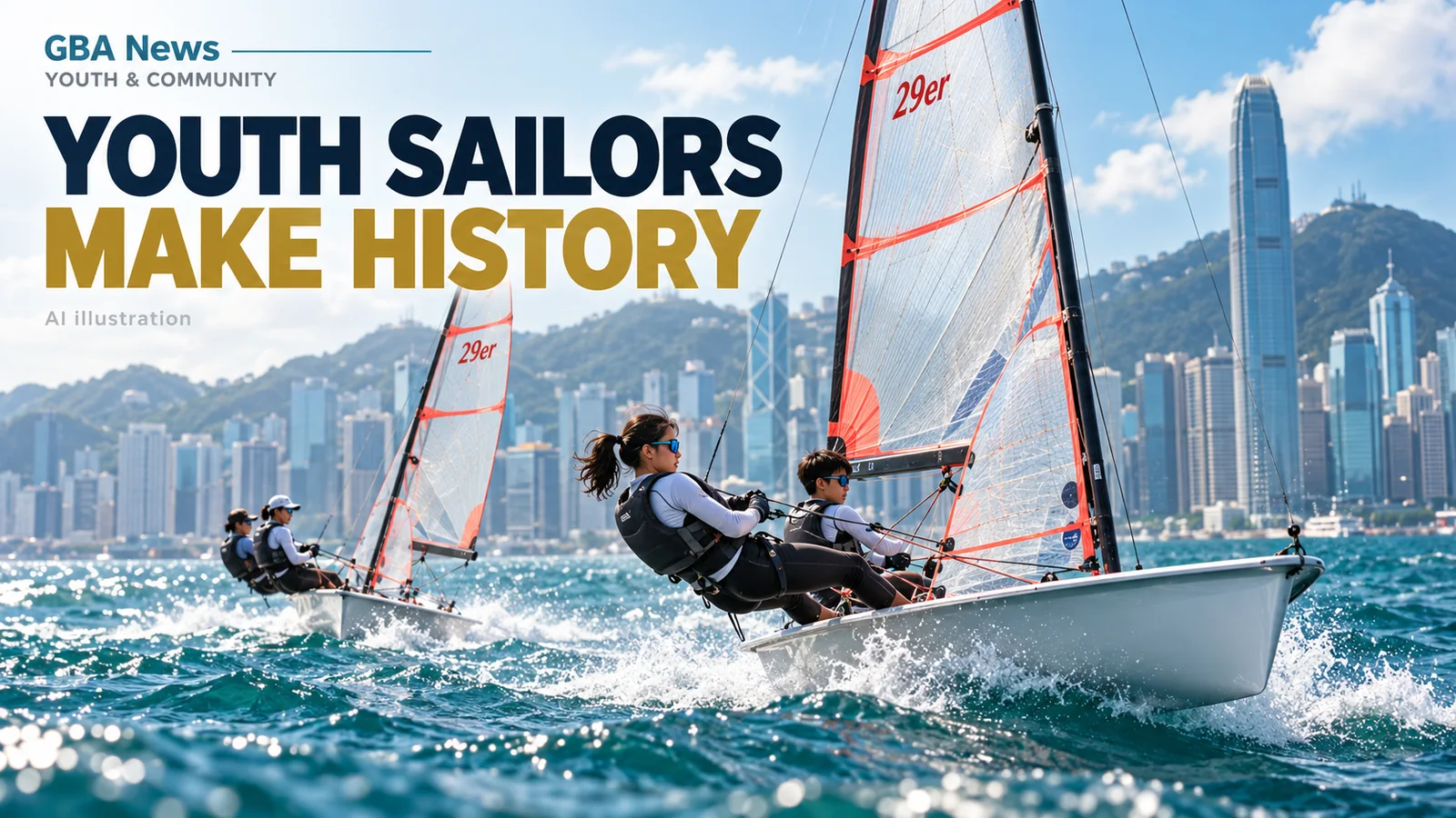 Editorial illustration of two youth 29er sailing crews racing in Hong Kong waters.