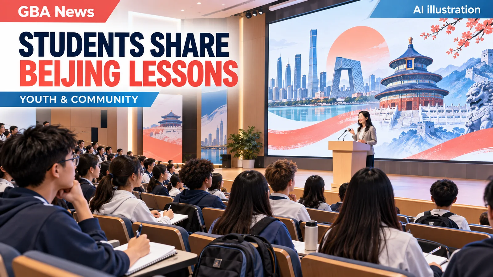 Editorial illustration of students presenting reflections from a Beijing learning visit in a school auditorium.