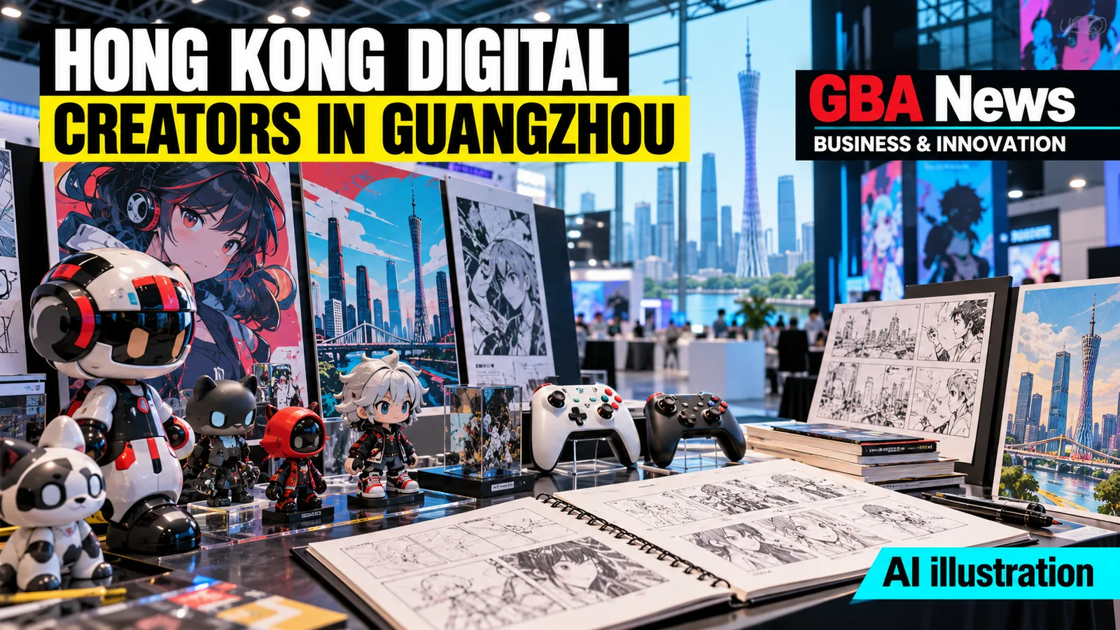 Editorial illustration of art toys, game controllers, animation boards and comics at a Guangzhou expo stand.