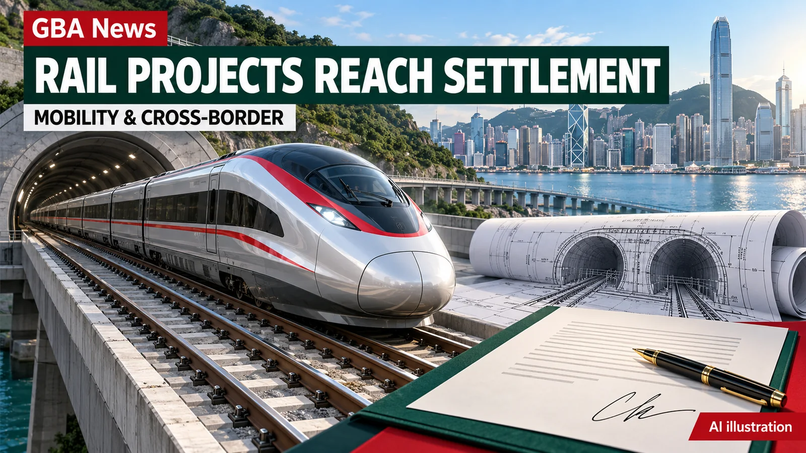 Editorial illustration of a high-speed train, tunnel plans and a signed railway settlement document.