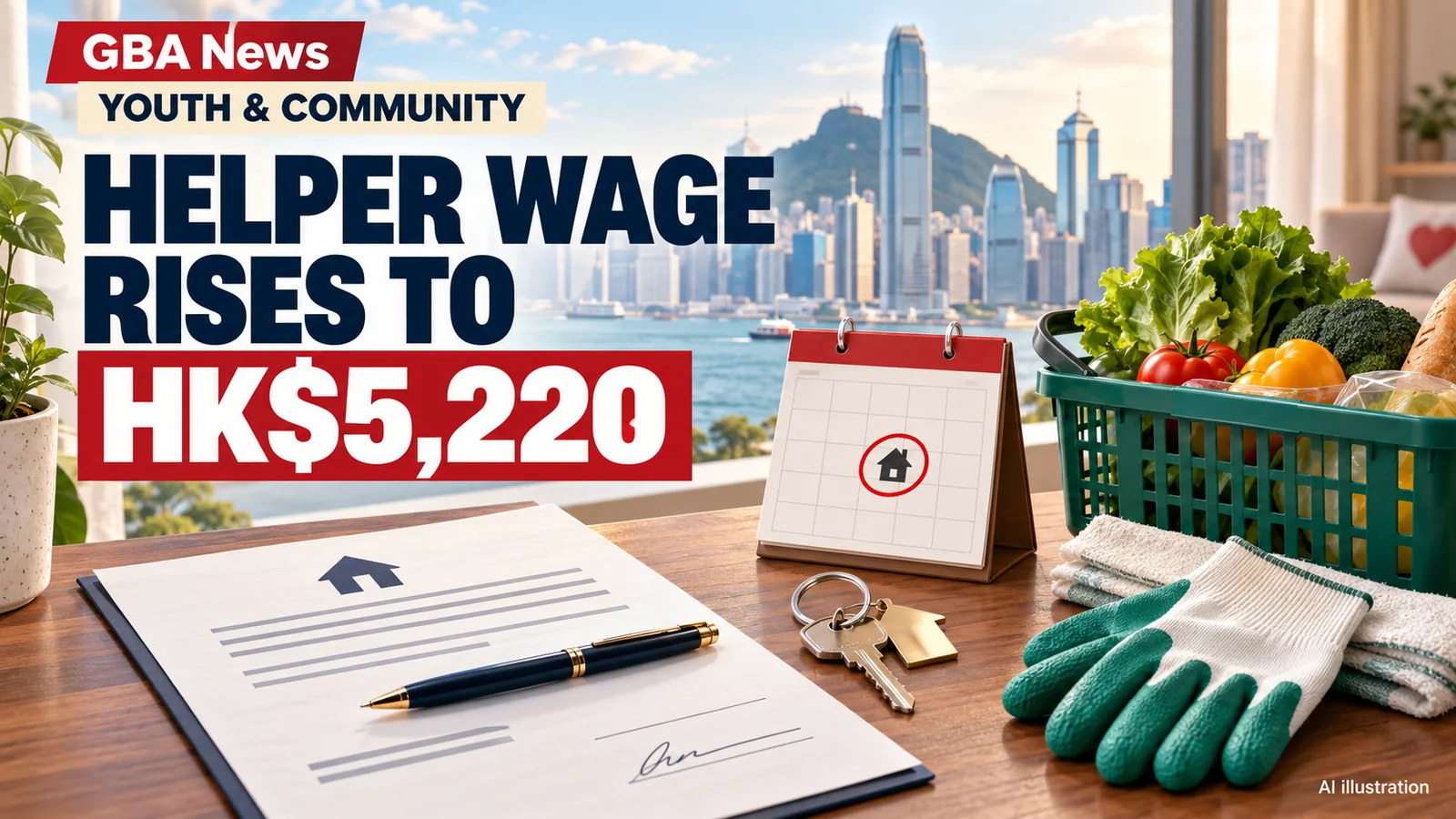 Editorial illustration of an employment contract, household keys, work gloves and groceries in Hong Kong.